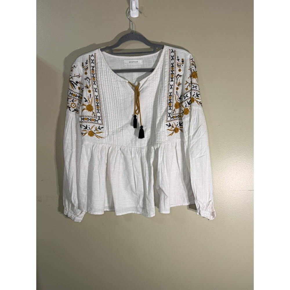 Promod White Embroidered Cotton Peasant Blouse Tassel Tie Boho Top Size 4
